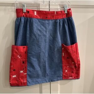Blue And Red Half Waist Kitchen Apron with 2 Pockets W/ Pattern Cooking Utility